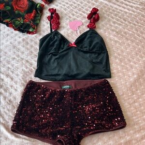 Black Velvet Bralette with Burgundy Sequin Shorts - Feminine Set